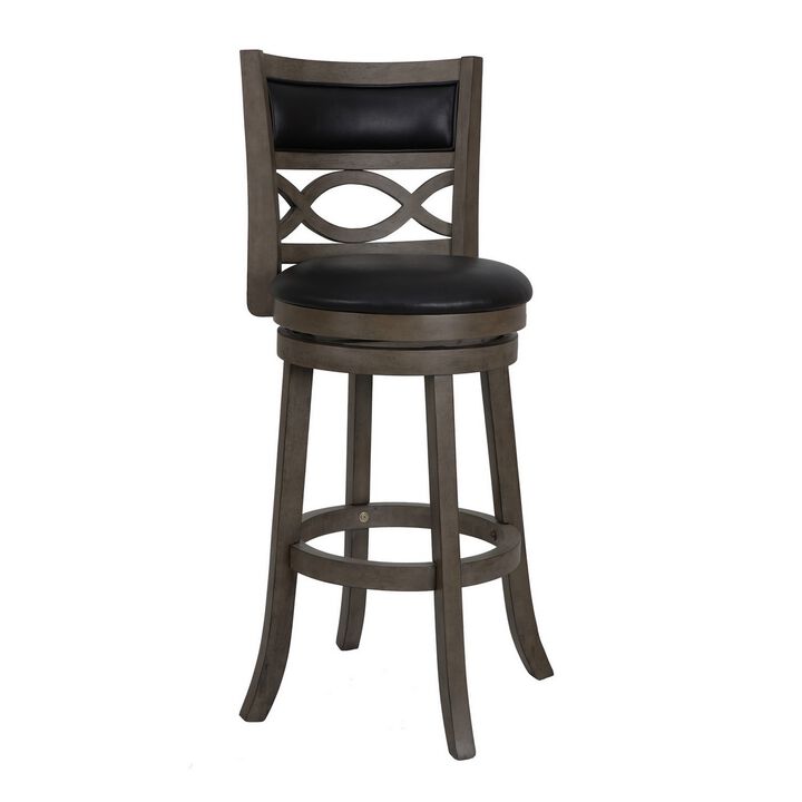 Curved Lattice Back Swivel Barstool with Leatherette Seat, Gray and Black-Benzara