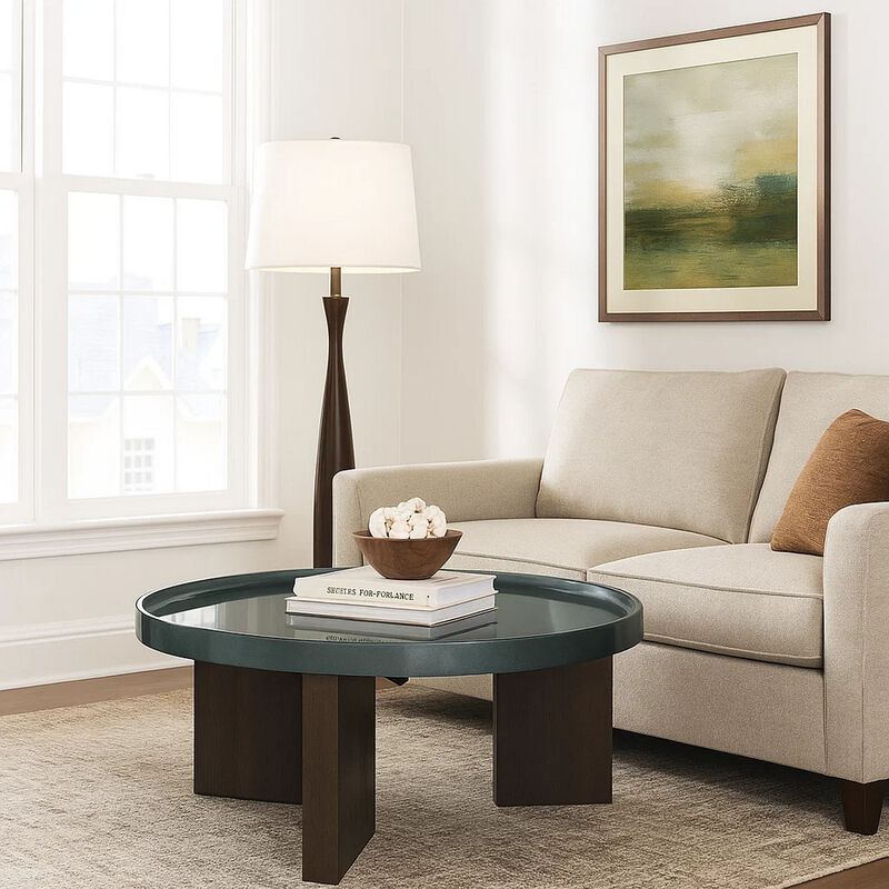 Lexy Coffee Table, 35 Inch Round Top, Low Profile High Gloss Blackish Green image number 1