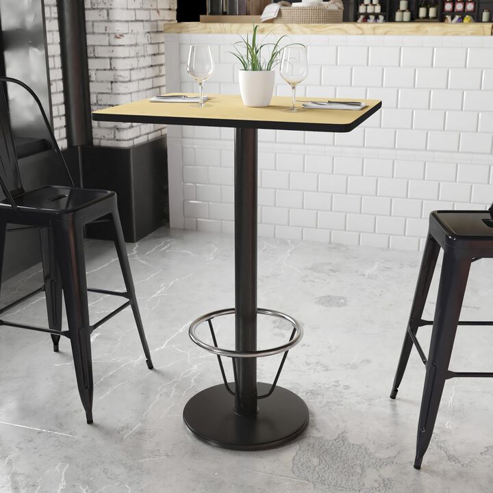 Flash Furniture 24'' x 30'' Rectangular Natural Laminate Table Top with 18'' Round Bar Height Table Base and Foot Ring