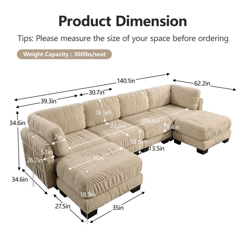 4 seat modular sectional sofa, Chenille L shaped sectional couch with ruched detailing, Modular sectional with 2 movable ottomans image number 2