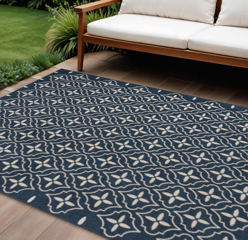 HomeRoots 8' X 10' Navy Blue And Ivory Geometric Indoor Outdoor Area Rug image number 1
