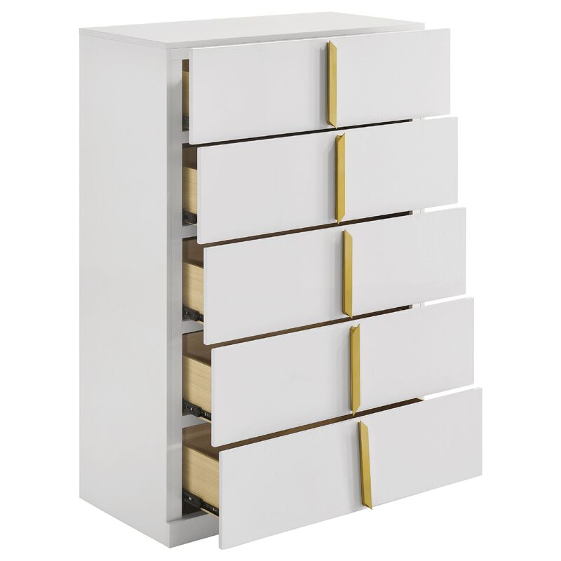 Orion Tall Dresser Chest with 5 Drawers, Gold Handles, Glossy White Wood image number 4