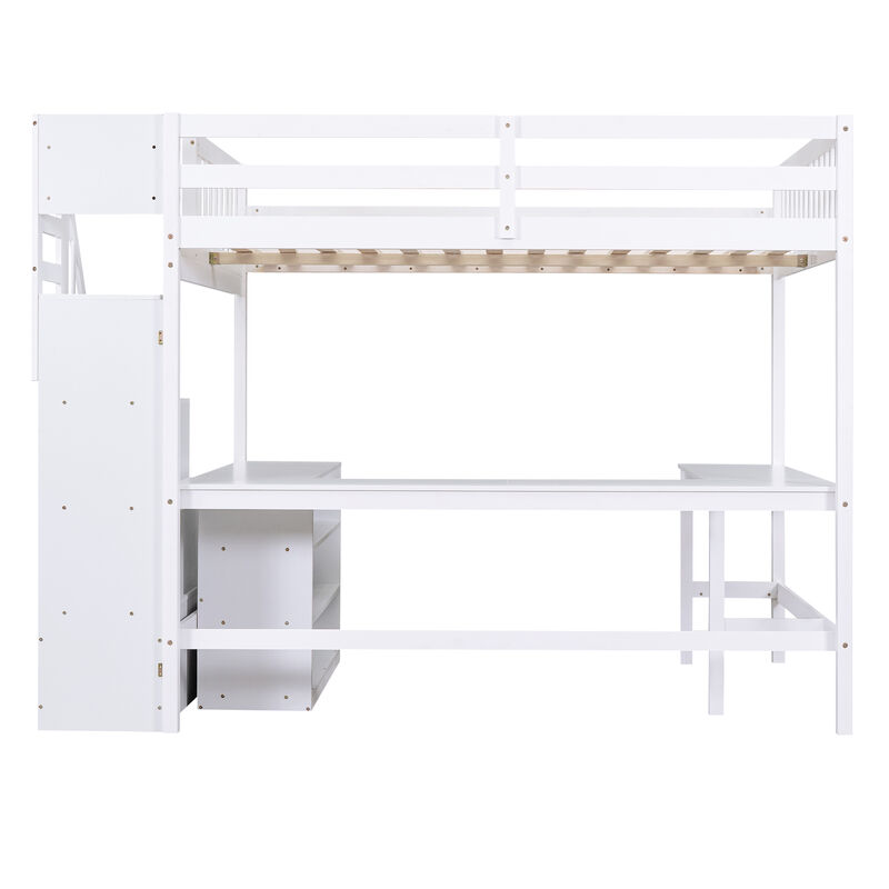 Merax Full Size Loft Bed with Built-in L-Shaped Desk and Three-Tier Storage Shelves