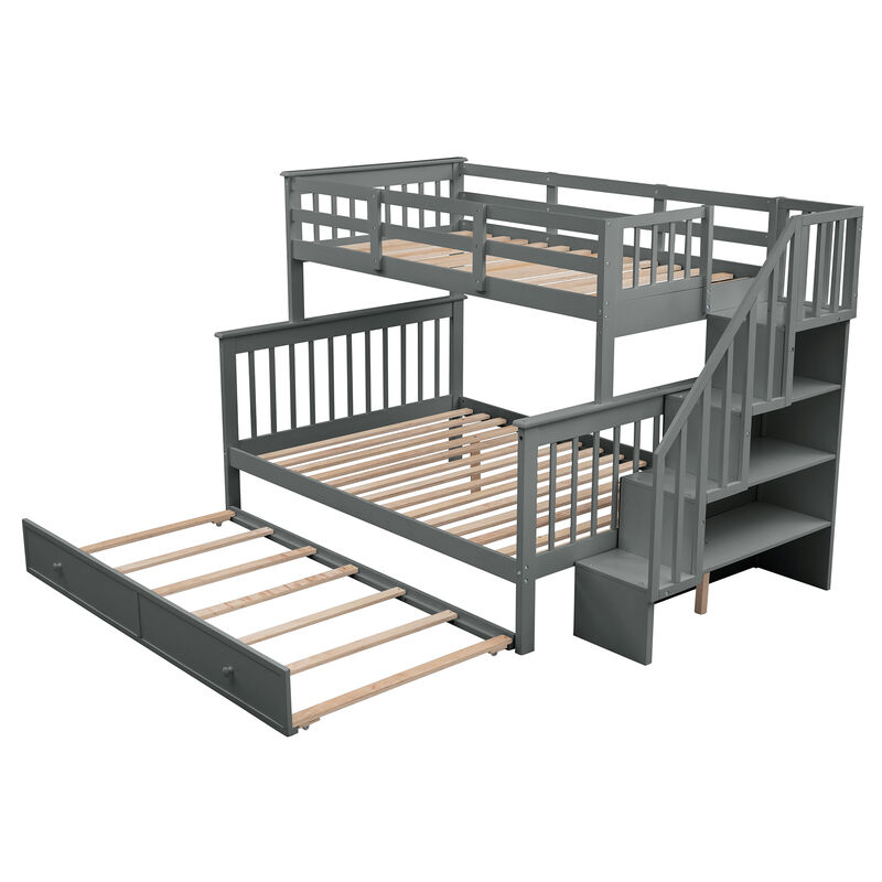 Whisen Twin-Over-Full Bunk Bed with Twin size Trundle, Storage and Guard Rail for Bedroom image number 5