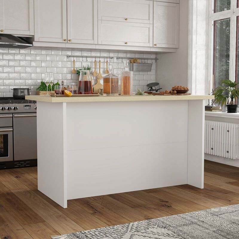 FUFU&GAGA White Paint Finish Kitchen Island with 5 Drawers 2 Doors Adjustable Shelves Silver Handles 66.9''L × 31.4''W × 37''H