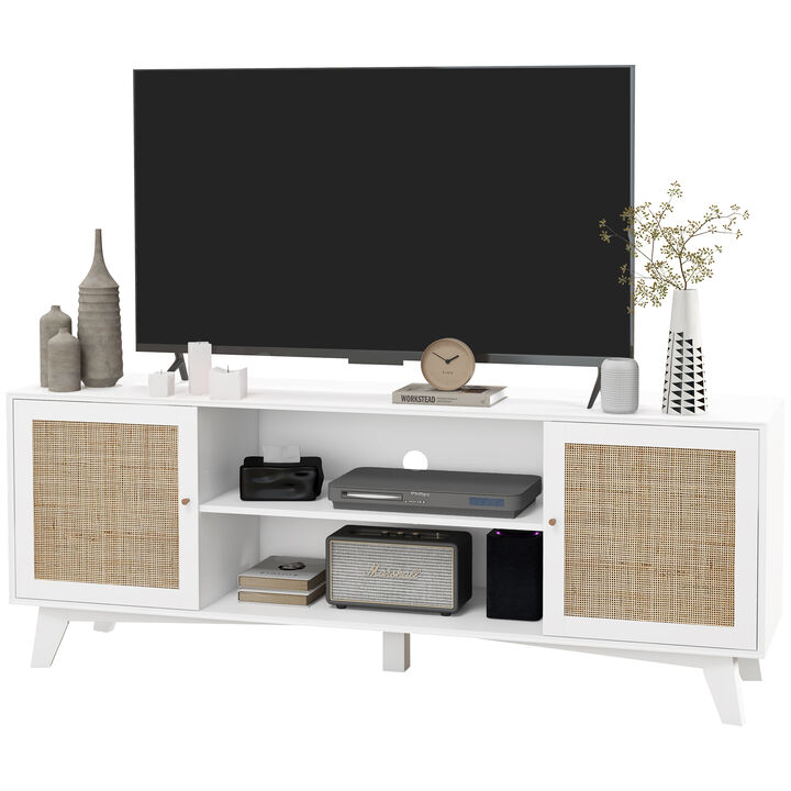 HOMCOM TV Stand for 65 Inch TV, Boho TV Cabinet with Rattan Doors, Adjustable Shelves and Storage Cabinets, Entertainment Center for Living Room, White