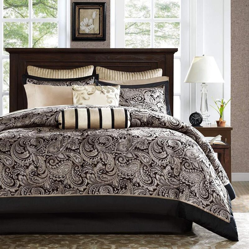 Hivvago King 12 Piece Cotton Polyester Comforter Set Black Gold Paisley
