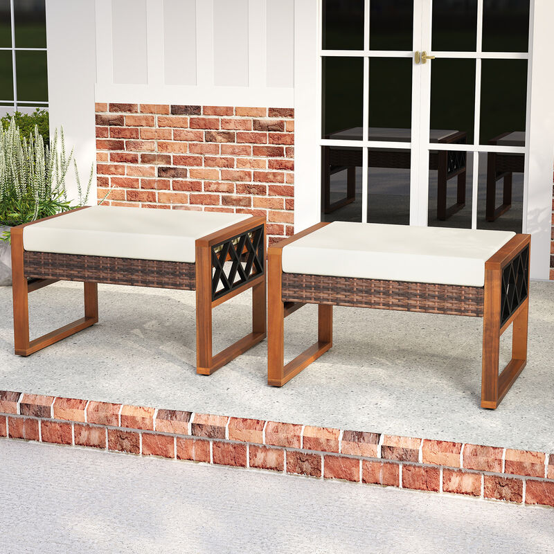 Set of 2 PE Rattan Wicker Ottomans with Soft, Removable Cushions-Beige image number 3