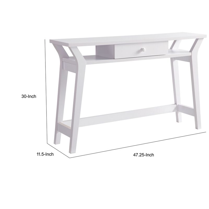 Dax 47 Inch Modern Console Table with Drawer and Mini Shelves, Wood, White-Benzara