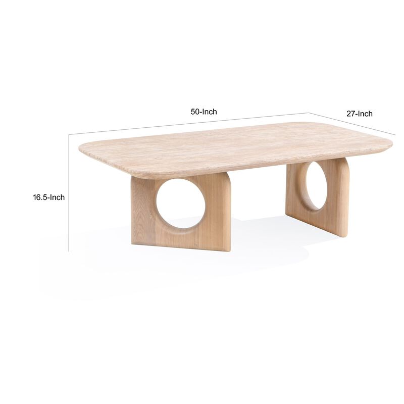 Aky 50 Inch Coffee Table, Faux Marble Top, Open Panel Frame, Natural Brown