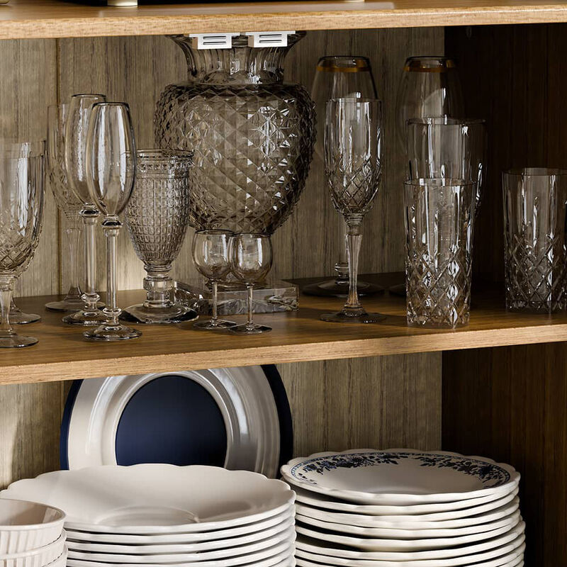 FUFU&GAGA Sideboard Diningware Cabinet, Brown Pine Wood Finish,Tempered Glass Shelves & Steel Accents, (31.5"W x 15.7"D x 47.2"H), Brown