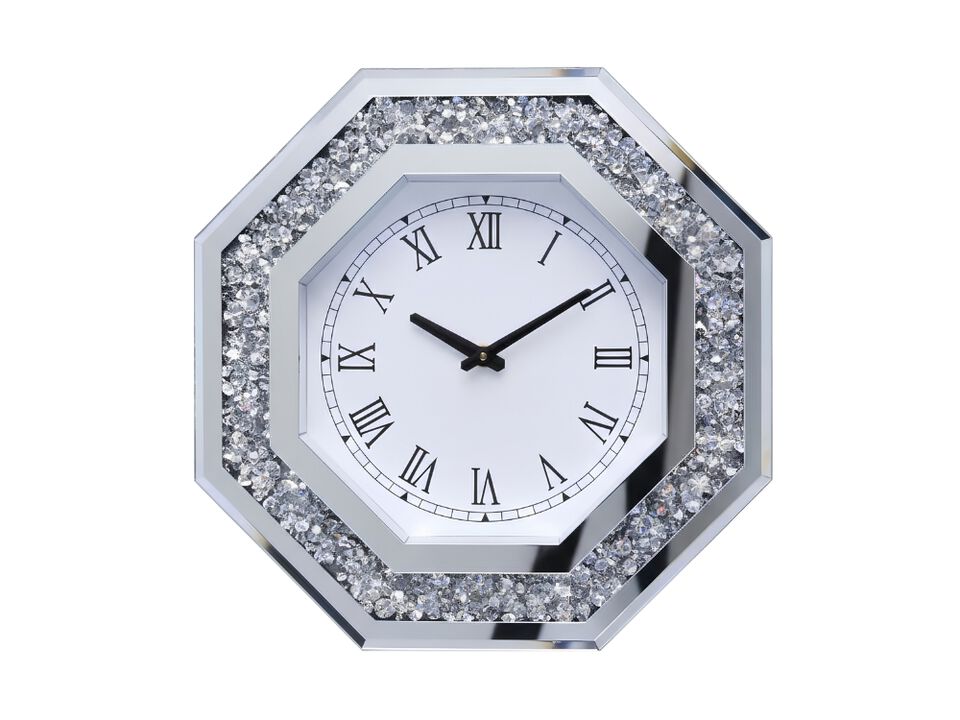 12" Octagon Mirror Glass Wall Clock - Cute Diamond Design Non-Ticking Decor for Bedroom & Dining Room
