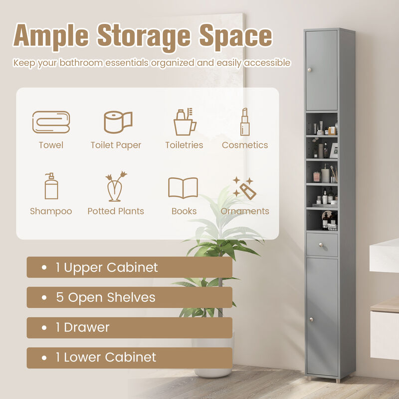 Freestanding Slim Bathroom Cabinet with Drawer and Adjustable Shelves