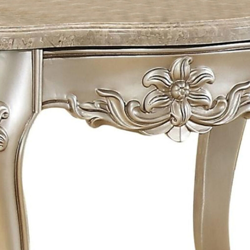 Marble Top End Table With Flower Motif Engraved Angular Wood Feet, Silver image number 3