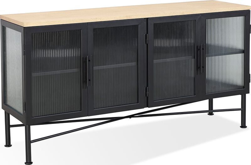 Aere Four Door Ribbed Glass, Metal and Wood Sideboard in Natural Ash and Black