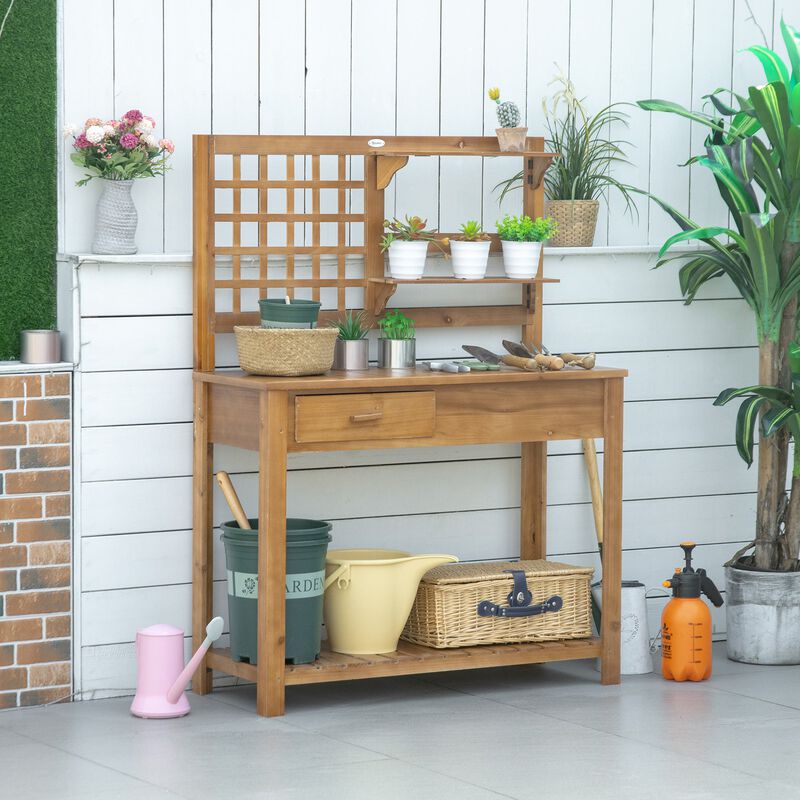 Brown Garden Station: Wooden Potting Bench with Shelves and Drawer
