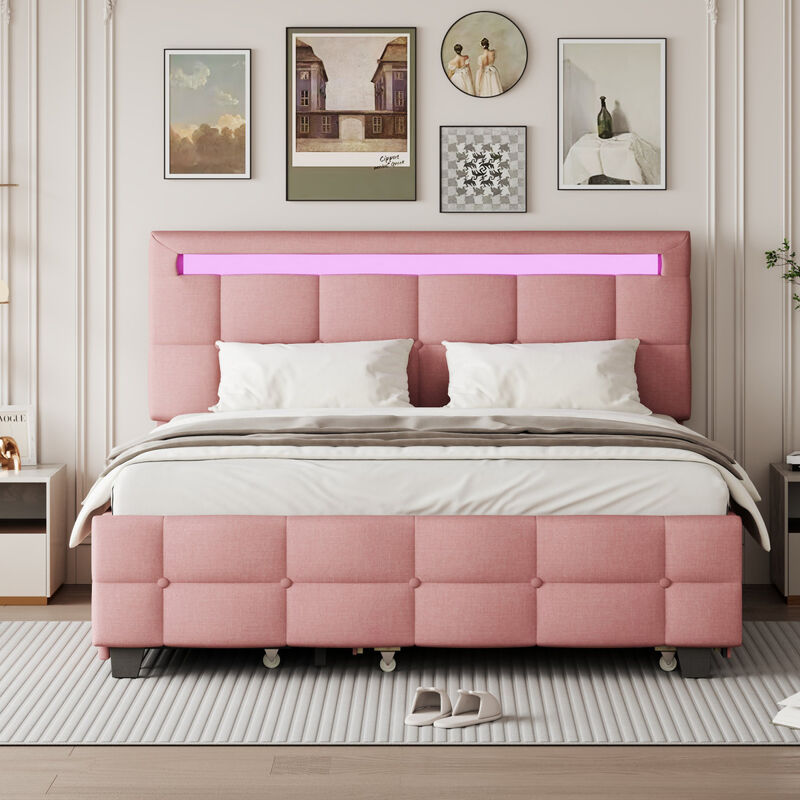 Queen Size Upholstered Platform Bed with LED Frame, with Twin XL Size Trundle and 2 drawers, Linen Fabric, Pink