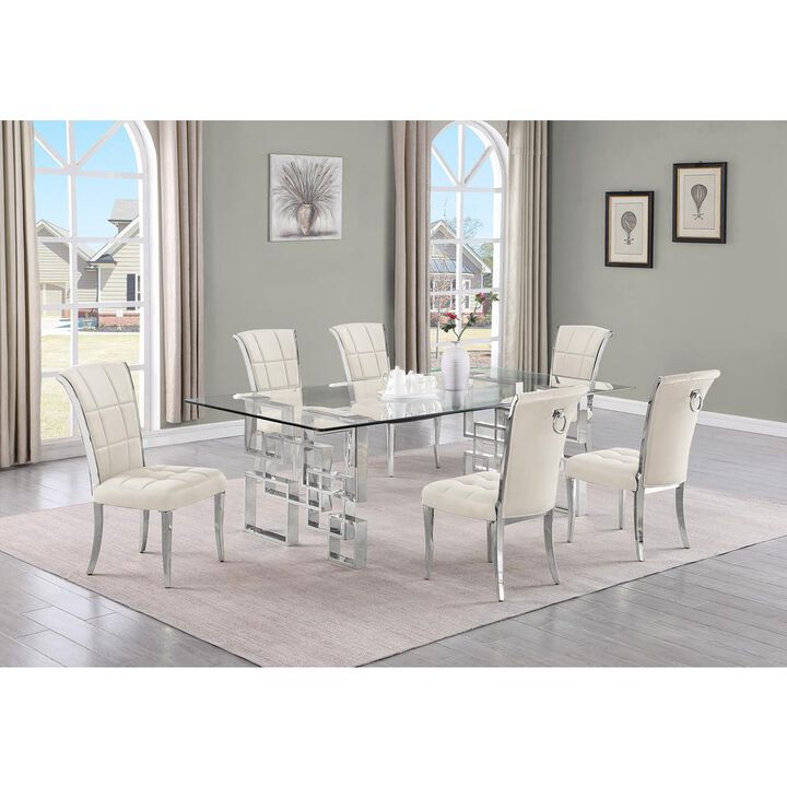 7-piece glam dining set with 6 cream  chairs and a 95" long glass  table