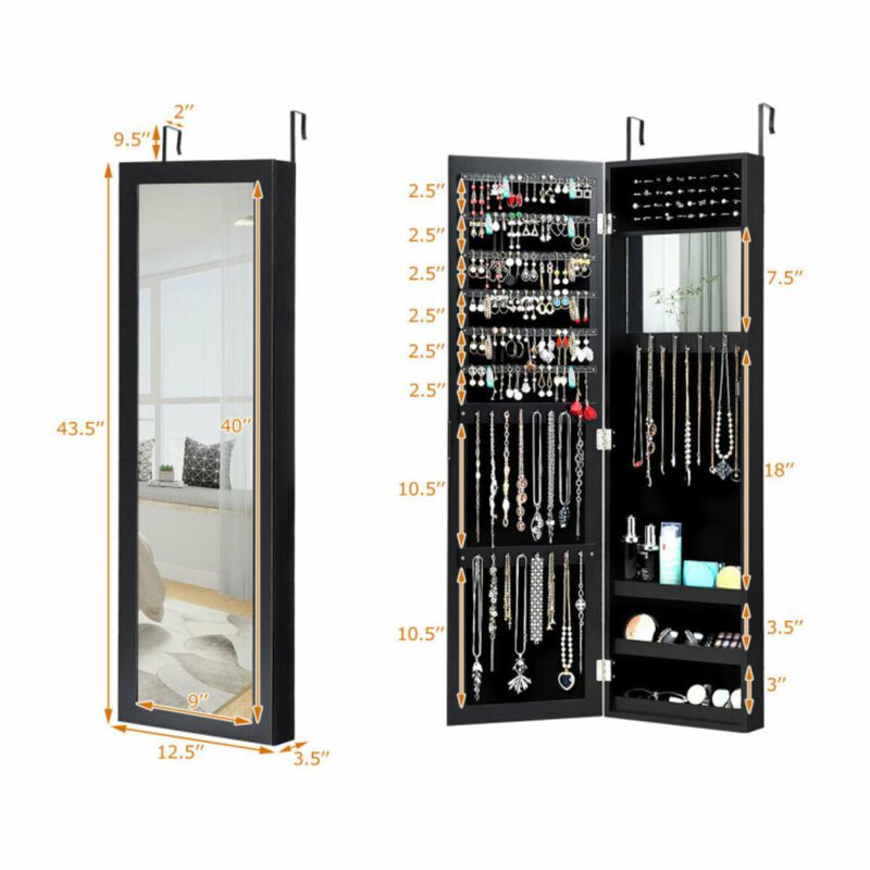 Hivvago Full Length Mirror Jewelry Cabinet with Ring Slots and Necklace Hooks