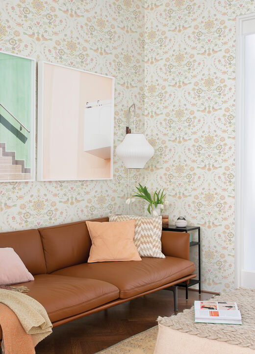 Britt Peach Embroidered Damask Wallpaper
