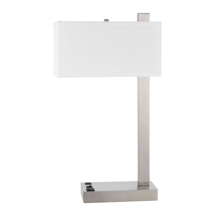 Nacy Table Lamp, 1 Power Outlet and USB Port, Chrome Steel 25 Inch - Benzara