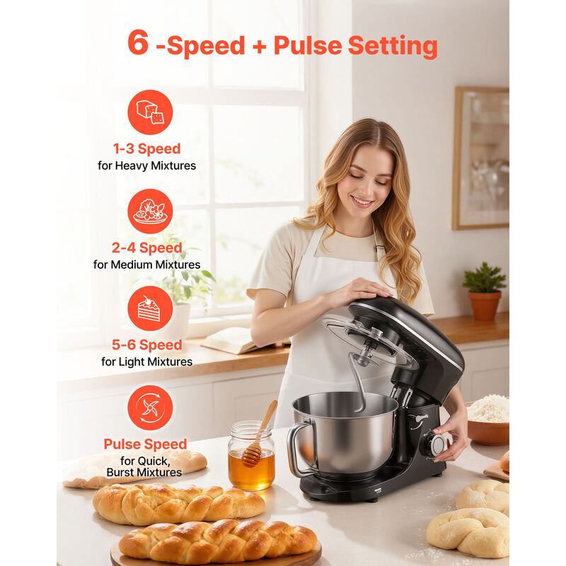 VEVOR Stand Mixer, 6 QT Dough Mixer, 660W 6 + P Speeds Tilt-head Food Mixer with Stainless SteelBowl, Dough Hook, Wire Whip, Flat Beater, Scraper,Household Stand Mixer for Baking & Mixing, Black