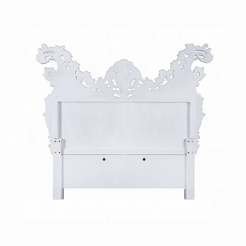 Vera King Size Bed, Ornate Carving, Platinum Faux Leather Upholstery - Benzara