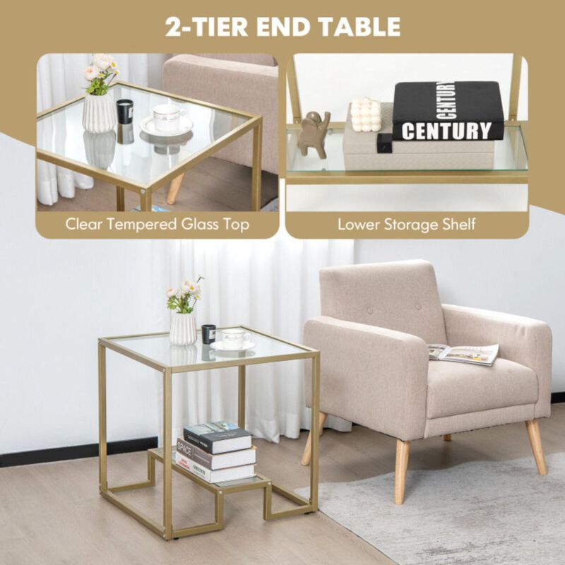 Hivvago 22 Inch 2-Tier Square Sofa Side Table with Tempered Glass Tabletop