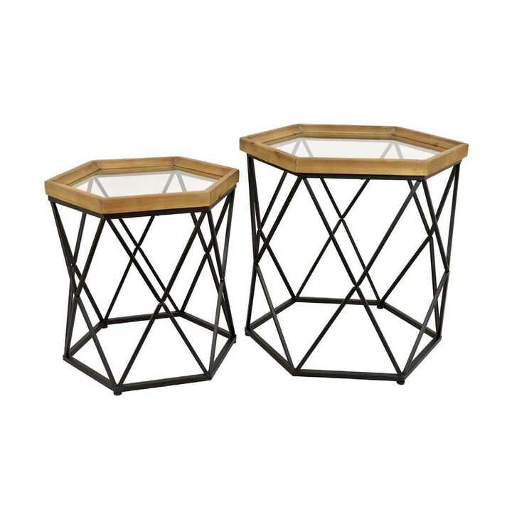 Gary Plant Stand Table Set of 2, Hexagonal Metal Frame, Glass Top, Black - Benzara