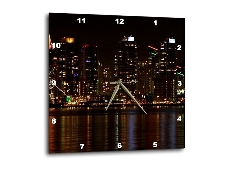 Skyline San Diego Night Reflection Wall Clock 15 Inch Home Decor