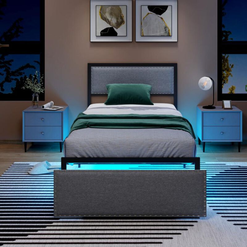 Hivvago Bed Frame with LED Lights Drawer and Metal Slats