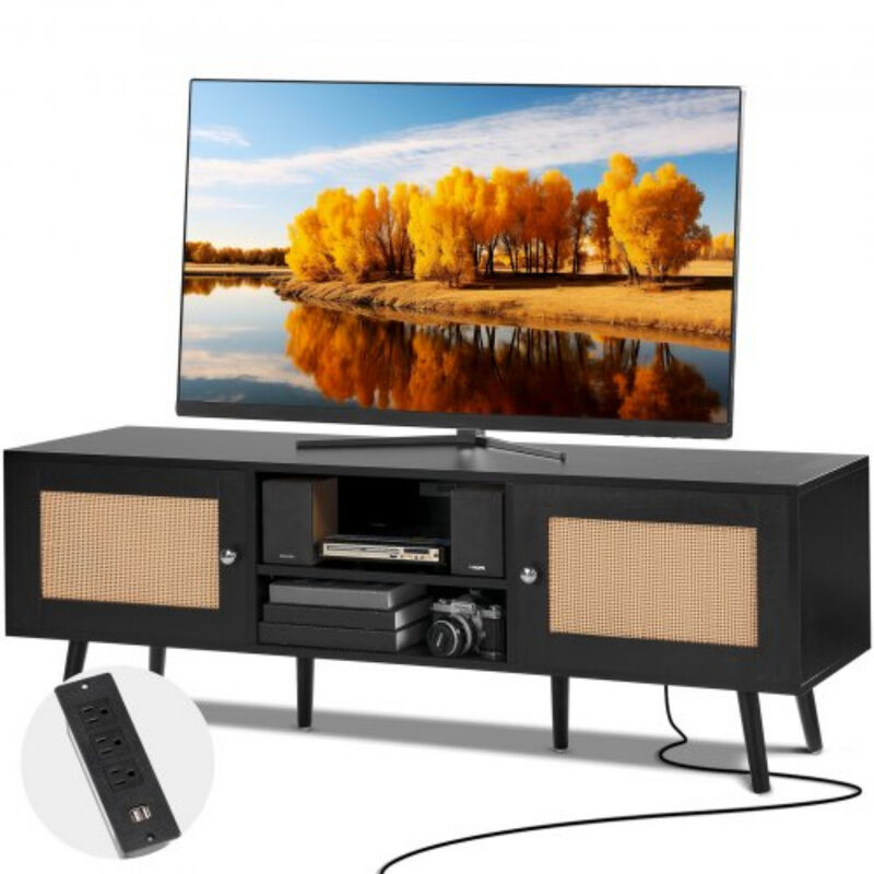 TV Stand for 65 Inch TV &ndash; Rattan Door Console with Built-In Charging Ports, Boho Media Cabinet for Modern Living Room