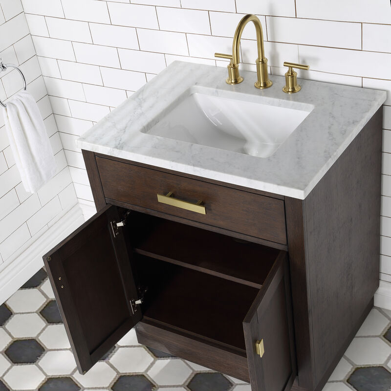 Chestnut 30 In. Single Sink Carrara White Marble Countertop Bath Vanity In Brown Oak with Satin Gold Hardware