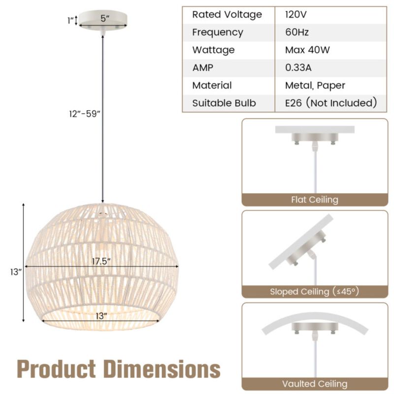 Round Farmhouse Rattan Pendant Lights with Adjustable Hanging Rope-Beige