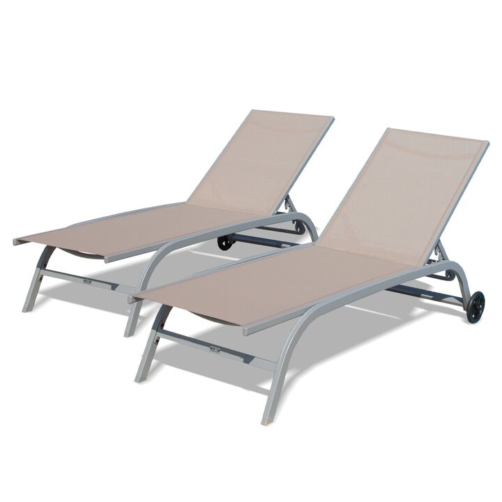 CLIHOME 2 Pieces Outdoor Patio Aluminum Pool Lounge Chairs Set,Textilene Sunbathing Recliner with Adjustable Backrest & Wheels