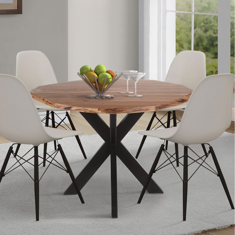41 Inch Handcrafted Live Edge Round Dining Table with a Natural Brown Acacia Wood Top and Black Iron Legs-Benzara