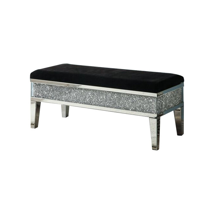Mirrored Bench with Fabric Seat and Faux Diamonds, Silver-Benzara