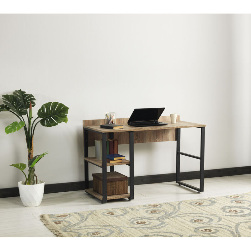 Furnish Home Store Rasse Black Metal Frame 58" Wooden Top 2 Shelves Writing and Computer Desk for Home Office, Oak