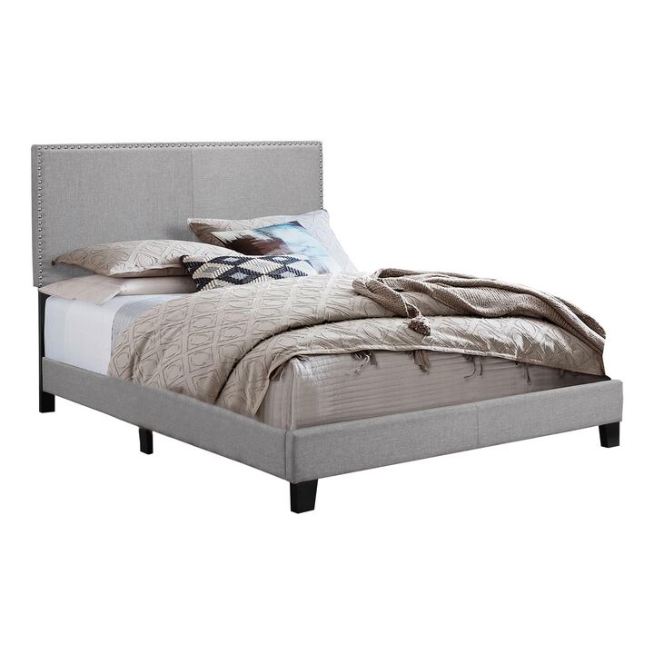 Shirin Twin Size Bed, Wood, Nailhead Trim, Upholstered Headboard, Gray - Benzara