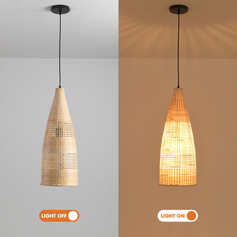 9" Bohemian Handwoven Bamboo Natural Caged Tapered Silhouette Pendant Light for Living Room, Dining Room and Kitchen Island image number 7