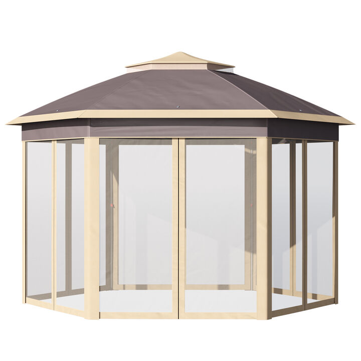 Outsunny 11' x 13' Pop Up Gazebo Canopy Tent with Zippered Mesh Sidewalls and Carrying Bag, Event Tent Shelter for Patio Garden Backyard, Beige