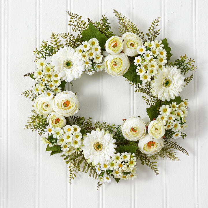 Mixed Daisies and Ranunculus Artificial Spring Wreath  24-Inch  Unlit