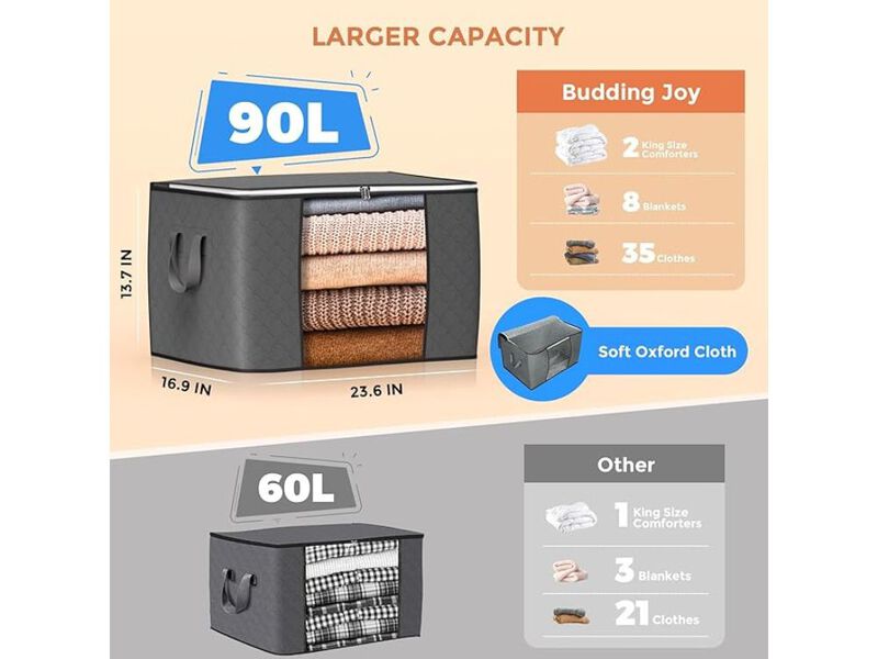 90L Large Storage Bags 6 Pack Foldable Closet Organizer Bins Gray Boxes image number 2