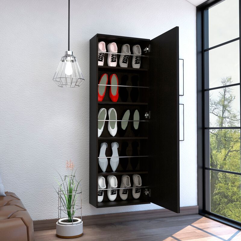 Leto Wall Mounted Shoe Rack With Mirror, Single Door, Capacity For Ten Shoes -Black