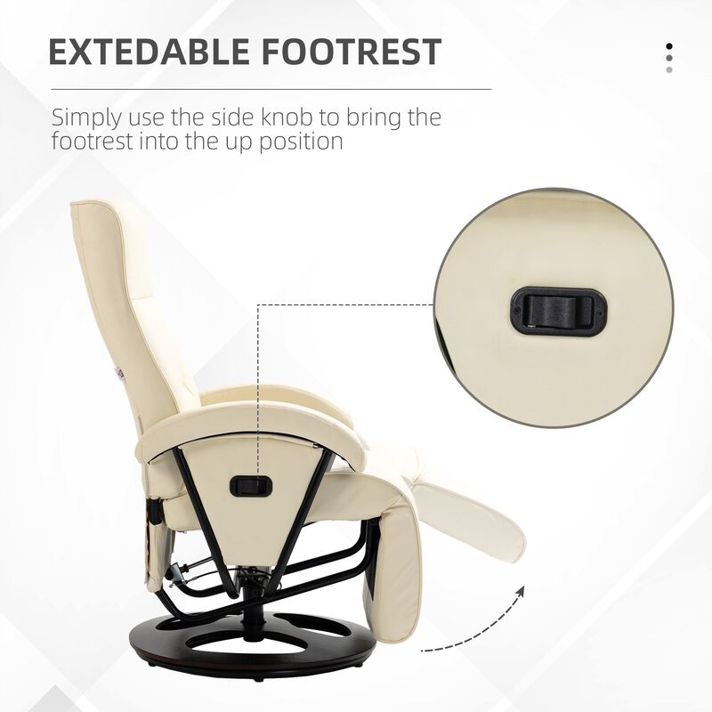 PU Recliner with Footrest, Lounge Chair with 135° Adjustable Backrest, Swivel Wood Base, Padded Seat & Armrests for Living Room, Beige