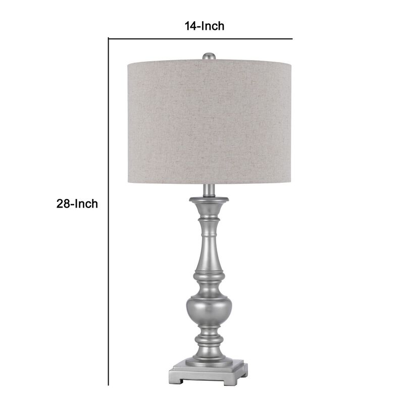 28 Inch Table Lamp, Set of 2, Beige Fabric Shade, Silver Carved Frame-Benzara image number 5