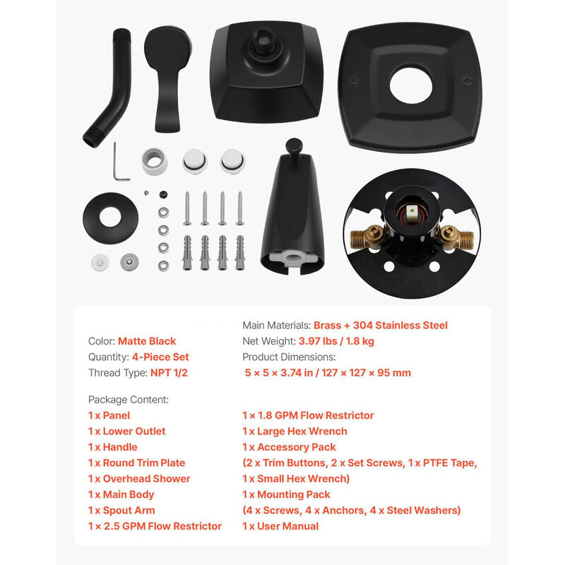 Complete Tub and Shower Faucet Kit with Rainfall Head, Bathtub Spout, Single Handle-Black image number 2