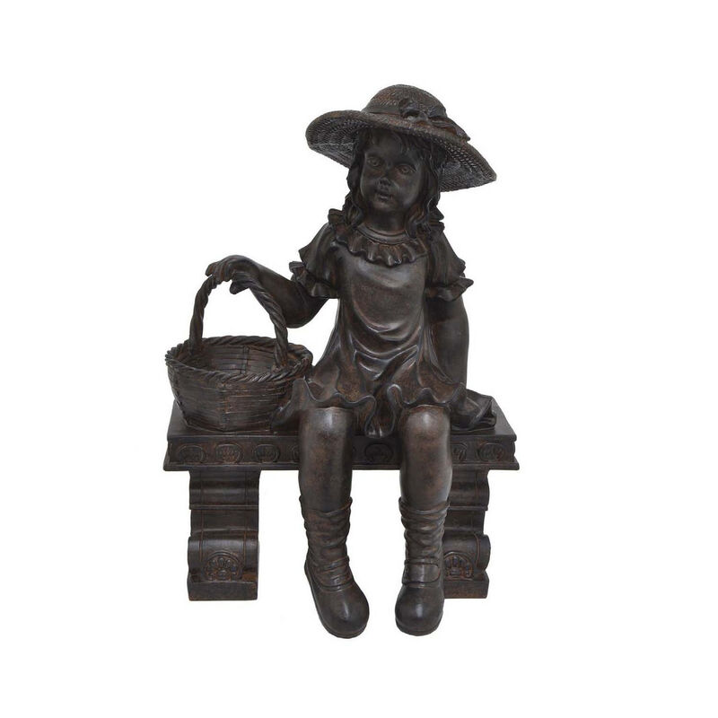 Darin 22 Inch Girl on Bench Figurine, Garden Statue Resin, Textured Brown - Benzara