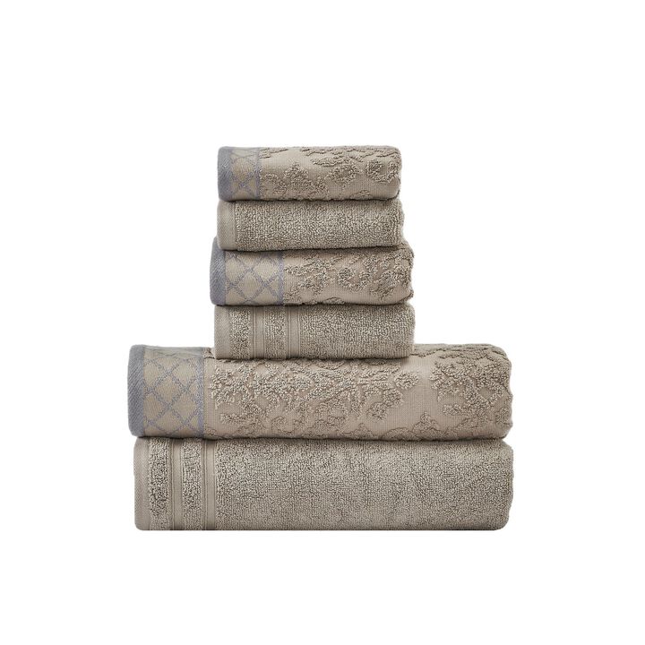 Noa 6 Piece Soft Egyptian Cotton Towel Set, Solid Damask Pattern, Dark Gray-Benzara