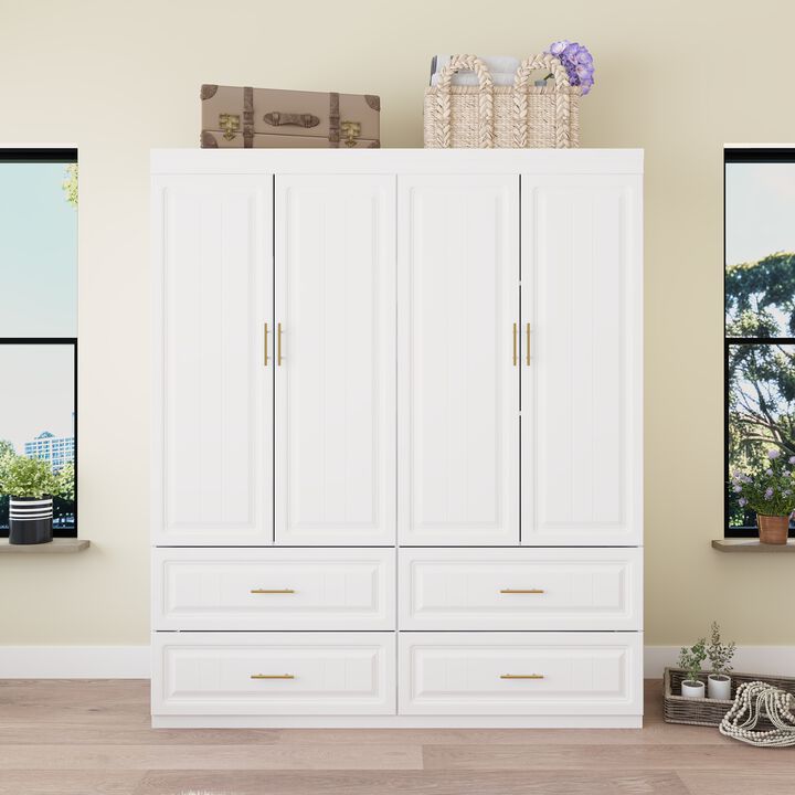 FUFU&GAGA 4-Door Wardrobe Closet with 4 Drawers, Cube Storage, and Hanging Rod - Coastal Style White Armoire Wardrobe Cabinet,(63" W x 20.6" D x 74.2" H),White